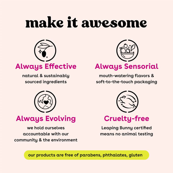 Product description card with icons and text on a light pink background