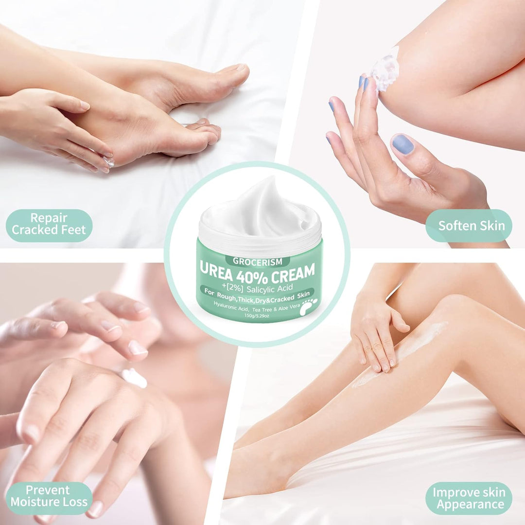 Urea cream packaging with images of hands and legs showing its benefits on skin.