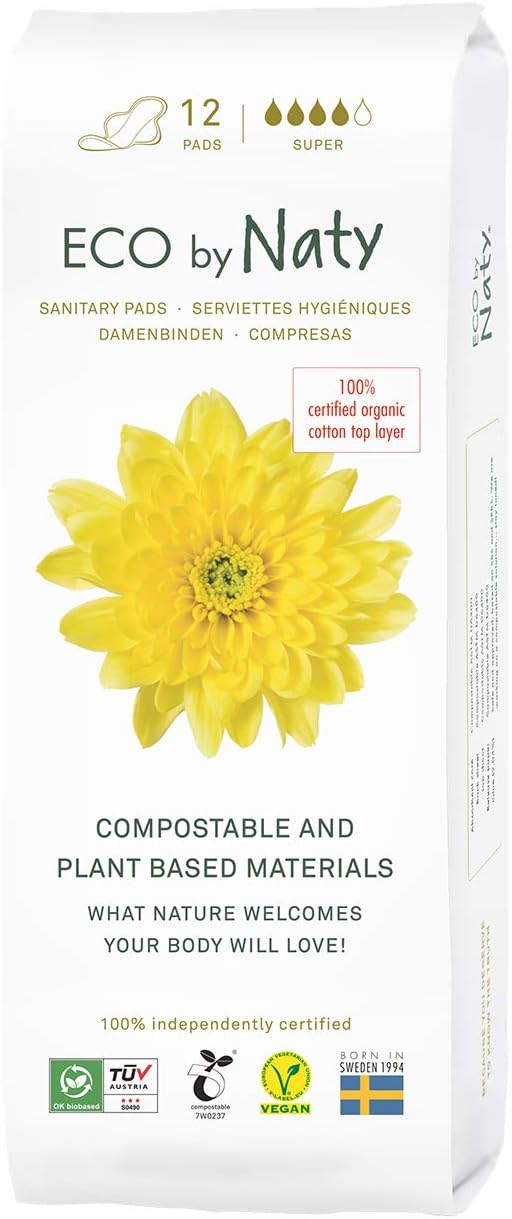 Eco by Naty Super Sanitary Pads – Plant-Based Organic Cotton Pads, 12 Count