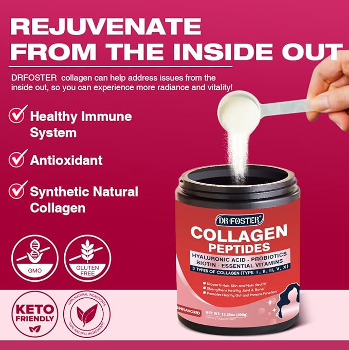 DRFOSTER Multi Collagen Peptides Powder with Probiotics – Type I, II, III, V, X – Hydrolyzed Collagen with Biotin, Hyaluronic Acid & Multivitamins – 35 Servings (390g)