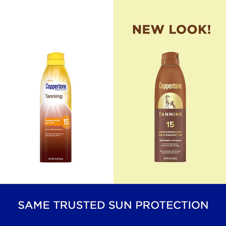 Coppertone Tanning Sunscreen Spray SPF 15, 163ml – Lightweight UVA/UVB Protection & Quick-Dry Formula