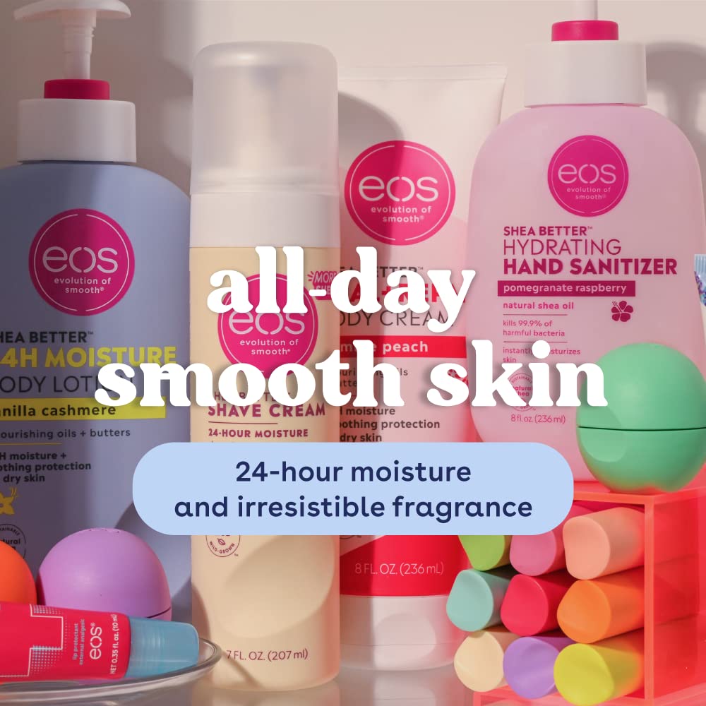 Collection of EOS skincare and hand sanitizing products with promotional text about smooth skin and moisturizing benefits.