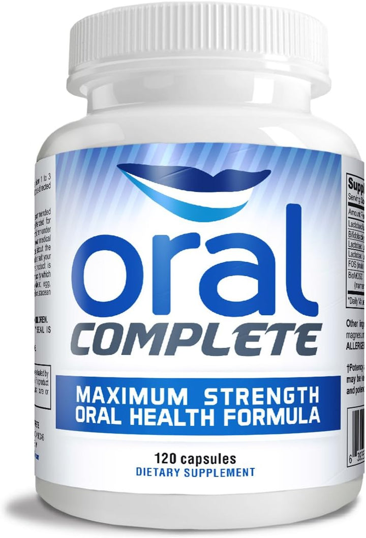 A white plastic bottle of Oral Complete Maximum Strength Oral Health Formula dietary supplement, containing 120 capsules, shown on a clean white background.