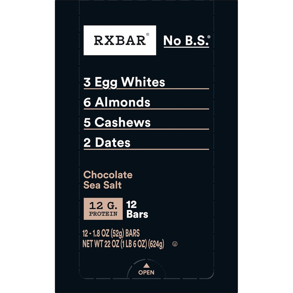 RXBAR chocolate sea salt protein bar packaging with nutritional information on a black background