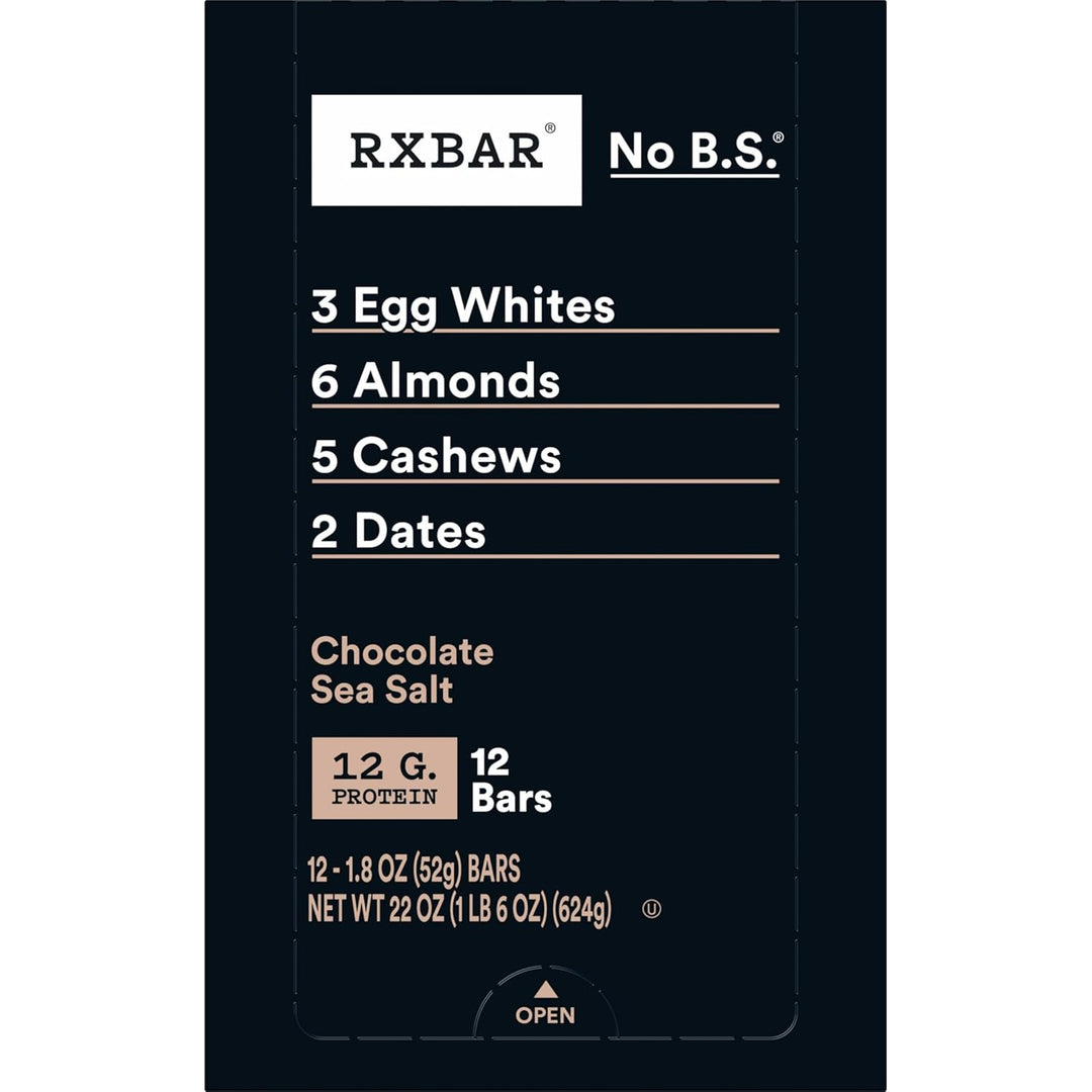 RXBAR chocolate sea salt protein bar packaging with nutritional information on a black background