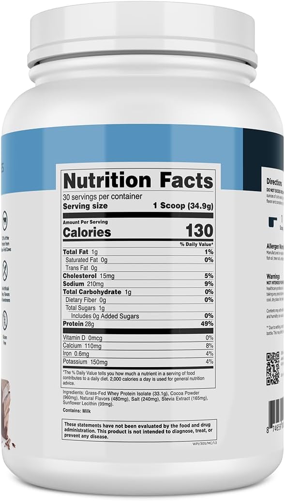 Transparent Labs Grass-Fed Whey Protein Isolate – Naturally Flavored, Gluten-Free, 28g Protein per Serving, 9 Essential Amino Acids, Milk Chocolate, 30 Servings