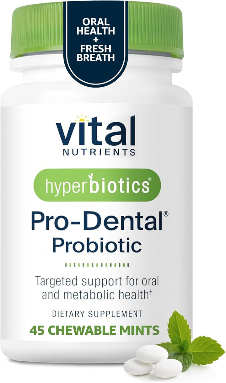 Vital Nutrients Pro-Dental Probiotic supplement bottle with green cap and mint leaves on a white background