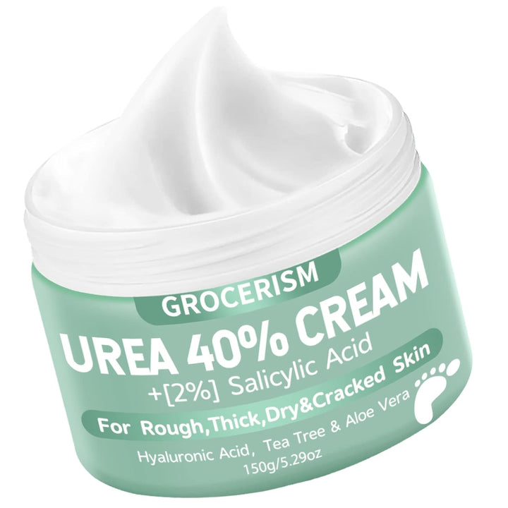 Jar of Grocerism Urea 40% Cream with a white cap on a white background