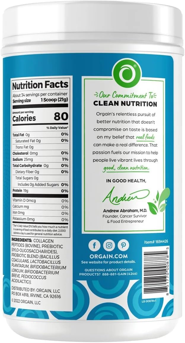Orgain Collagen Peptides + Probiotics, Unflavored, 1.6 lbs – Grass-Fed, 19g Protein, 0g Sugar