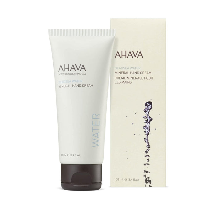Ahava mineral hand cream tube and packaging on a white background