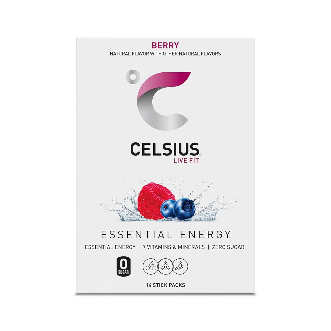 Celsius Essential Energy package with berries on a white background