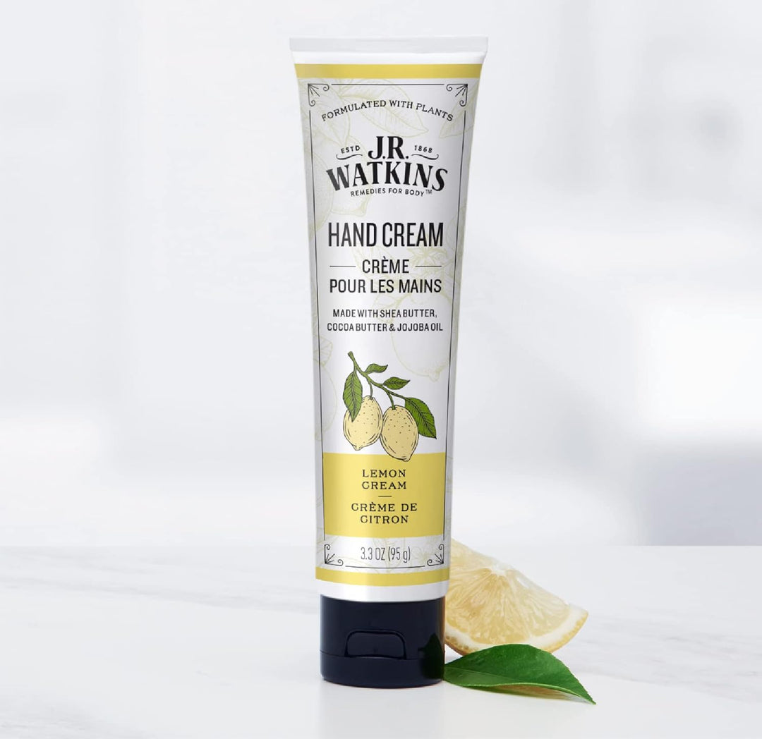 Tube of JR Watkins Lemon Cream Hand Cream on a white background