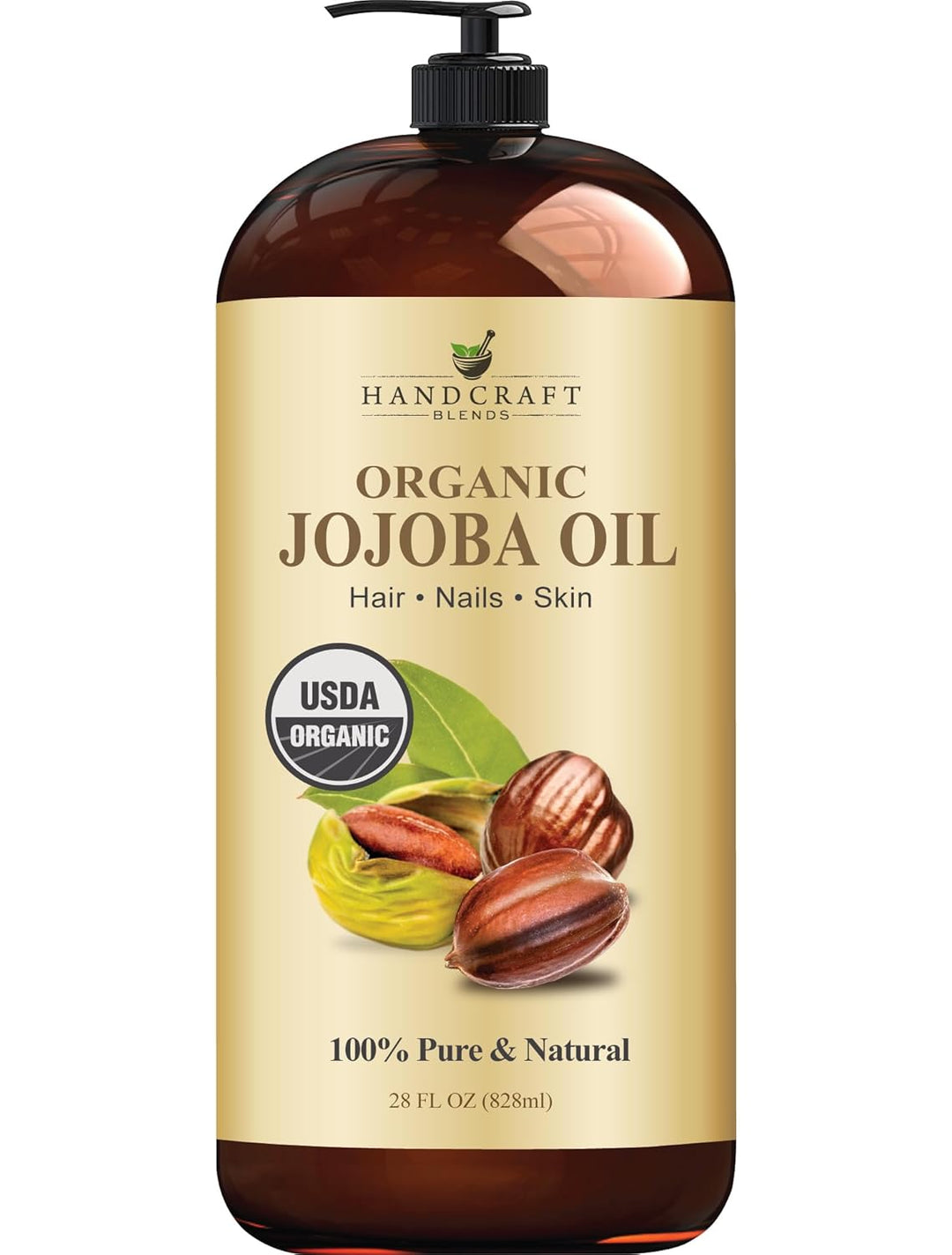 Handcraft Blends Organic Jojoba Oil – Cold-Pressed, 100% Pure Carrier Oil for Hair, Skin & Face – Hexane-Free