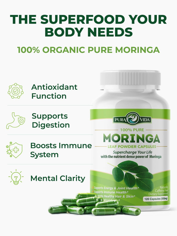 Pura Vida Organic Moringa Capsules 500mg - Pure Single Origin Leaf Powder (120 Count)