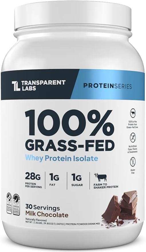 Transparent Labs Grass-Fed Whey Protein Isolate – Naturally Flavored, Gluten-Free, 28g Protein per Serving, 9 Essential Amino Acids, Milk Chocolate, 30 Servings