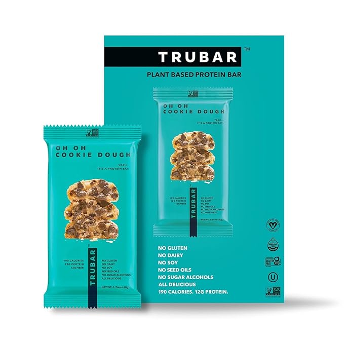 TRUBAR Vegan Protein Bar – Plant-Based, Gluten-Free, High Fiber Snack – 12g Protein, 13g Fiber – No Sugar Alcohols – 12 Count