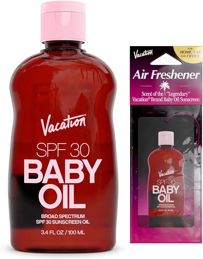Vacation Baby Oil SPF 30 & Air Freshener Bundle, Hydrating & Nourishing, Mineral-Oil Free, Lightweight Formula, Transparent On All Skin Tones, Travel Size Sunscreen, 3.4 Fl. Oz.