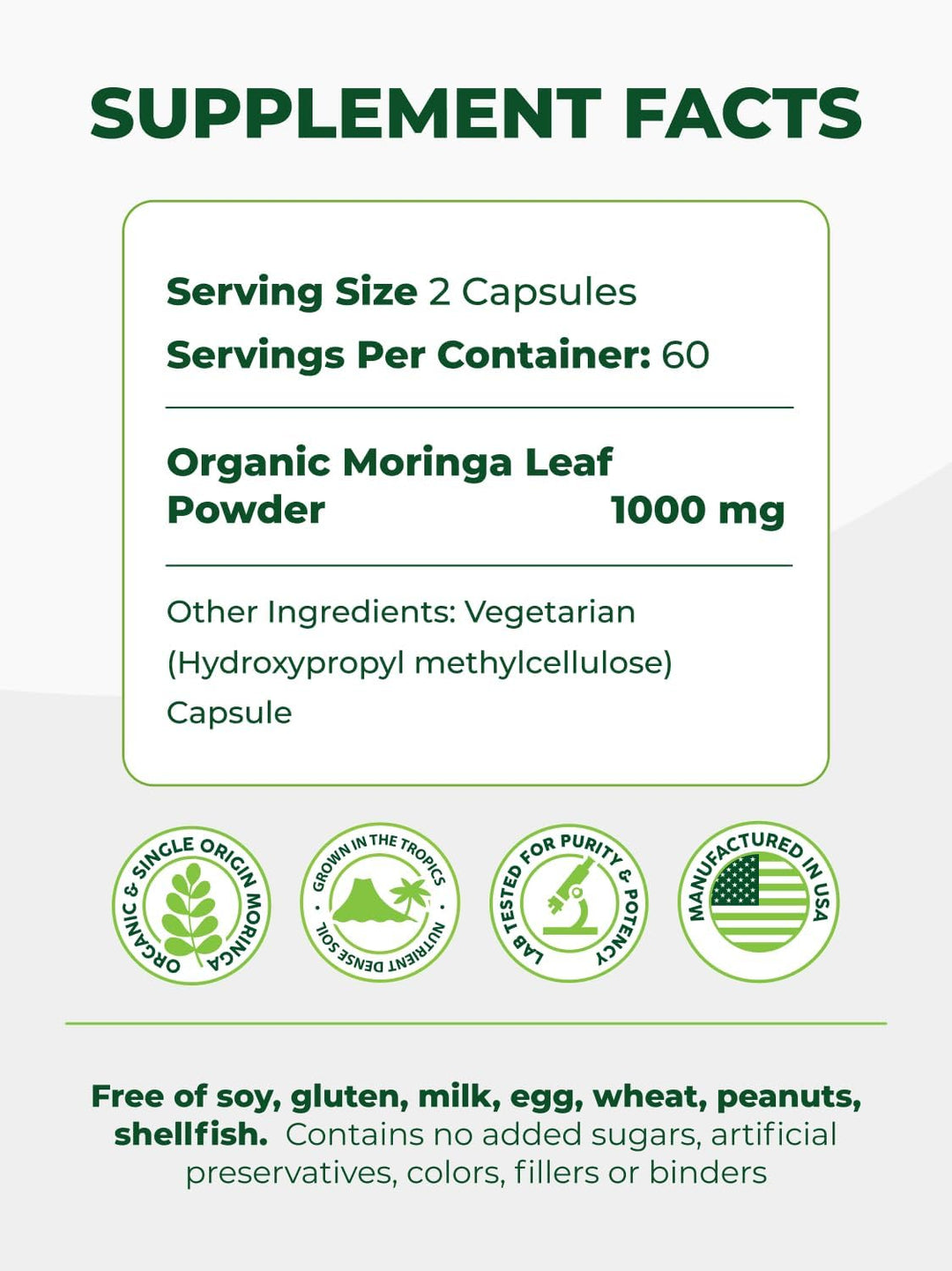 Pura Vida Organic Moringa Capsules 500mg - Pure Single Origin Leaf Powder (120 Count)