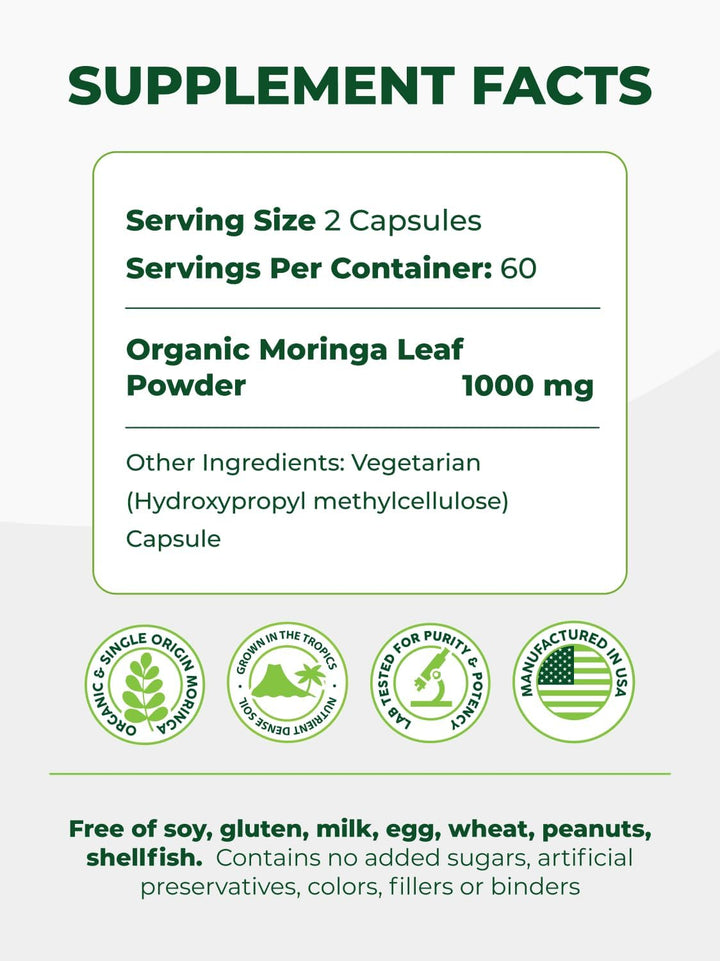 Pura Vida Organic Moringa Capsules 500mg - Pure Single Origin Leaf Powder (120 Count)