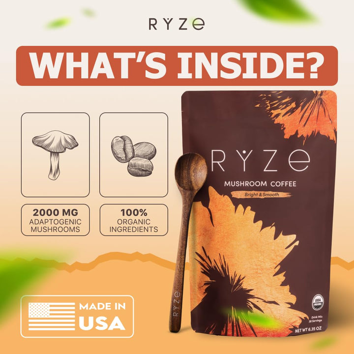 RYZE Mushroom Coffee | Organic Blend with 6 Mushrooms & MCT Oil |  Superfood Coffee
