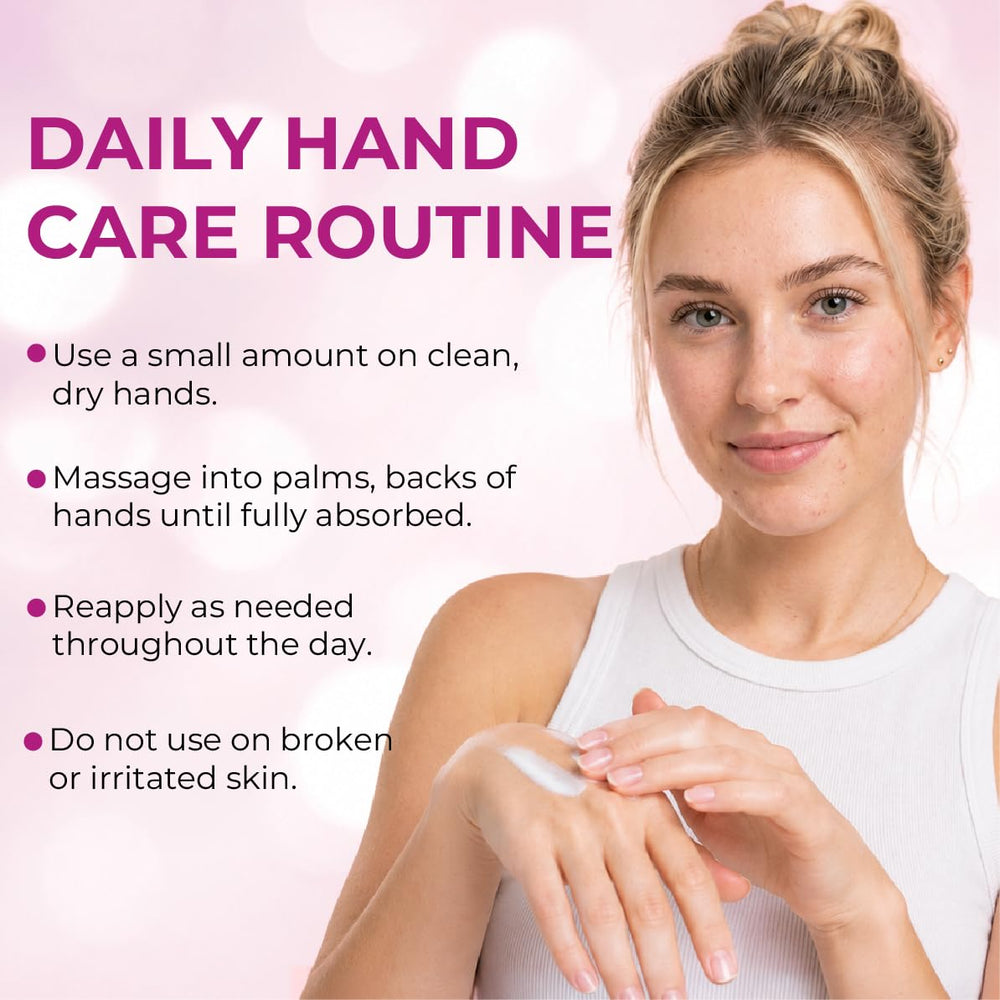 Woman applying hand cream with daily hand care routine instructions on a pink background