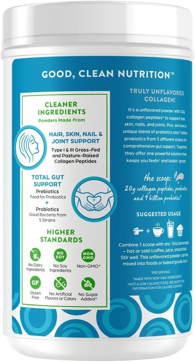 Orgain Collagen Peptides + Probiotics, Unflavored, 1.6 lbs – Grass-Fed, 19g Protein, 0g Sugar