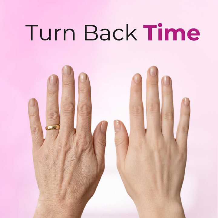Two hands, one older with a gold ring, the other younger, on a pink background with 'Turn Back Time' text.