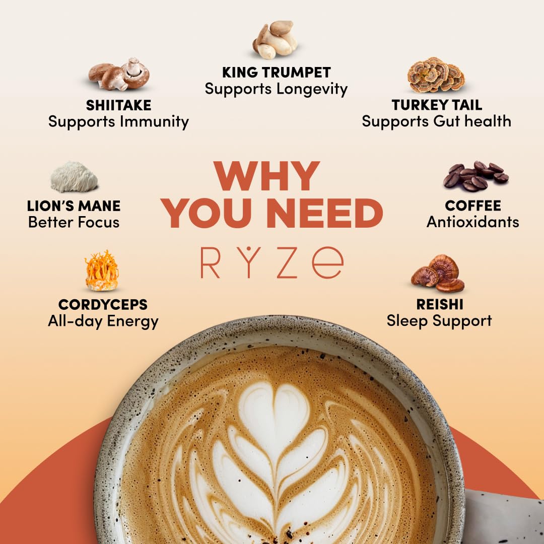 RYZE Mushroom Coffee | Organic Blend with 6 Mushrooms & MCT Oil |  Superfood Coffee