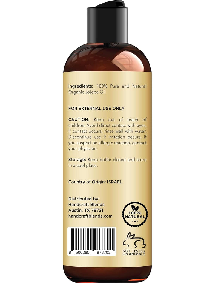 Handcraft Blends Organic Jojoba Oil – Cold-Pressed, 100% Pure Carrier Oil for Hair, Skin & Face – Hexane-Free