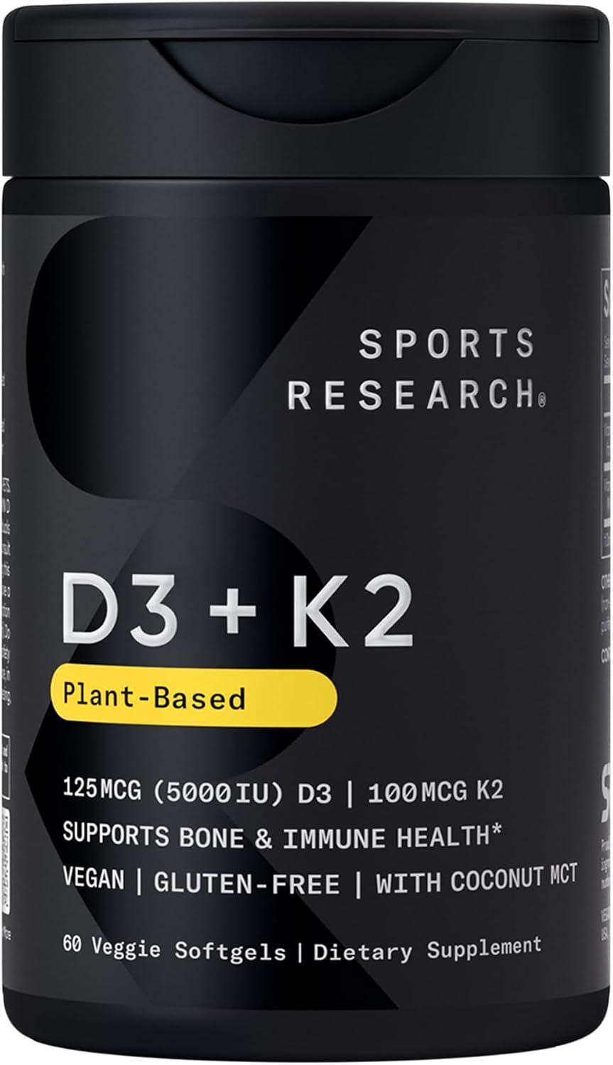 Sports Research Vegan Vitamin D3 + K2 with Coconut MCT Oil, 60 Plantgels