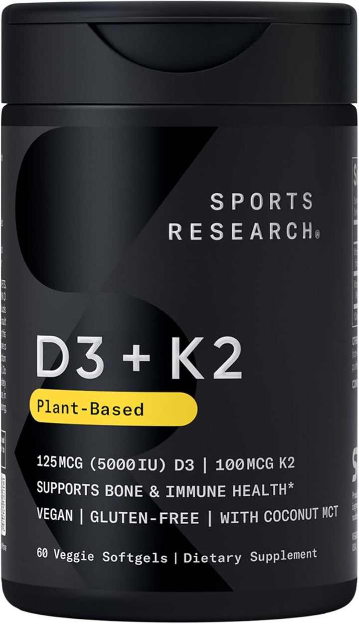 Sports Research Vegan Vitamin D3 + K2 with Coconut MCT Oil, 60 Plantgels