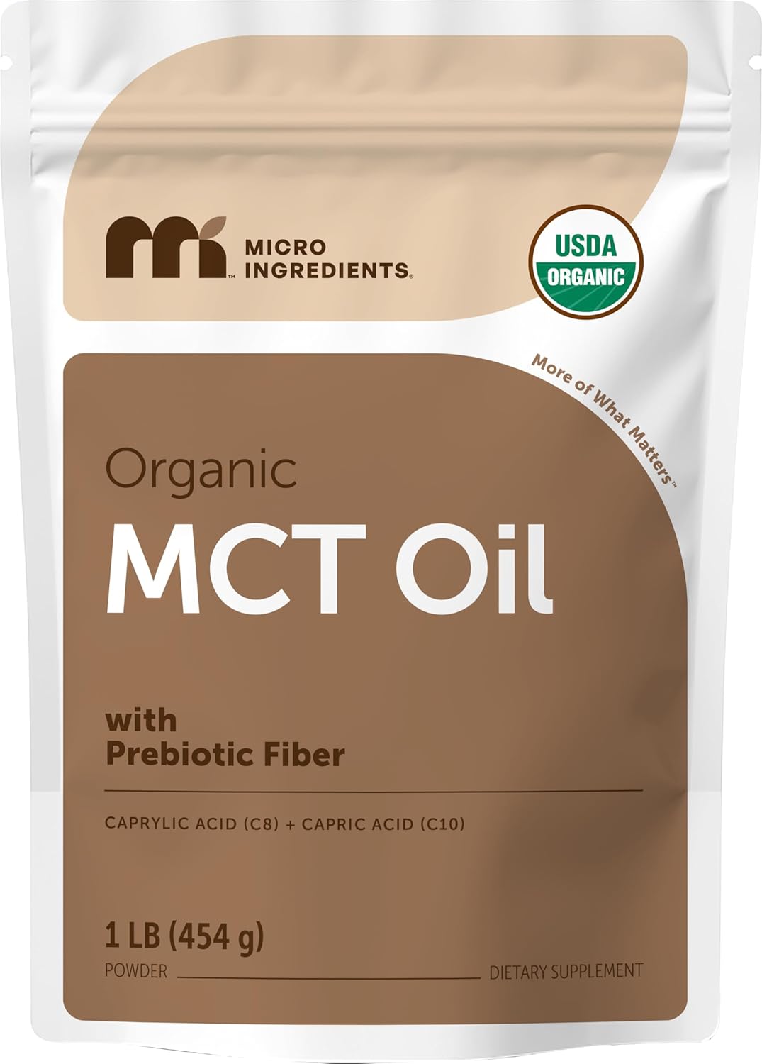 Package of Organic MCT Oil with Prebiotic Fiber by Micro Ingredients on a white background