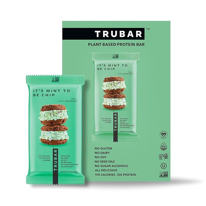 TRUBAR Vegan Protein Bar – Plant-Based, Gluten-Free, High Fiber Snack – 12g Protein, 13g Fiber – No Sugar Alcohols – 12 Count