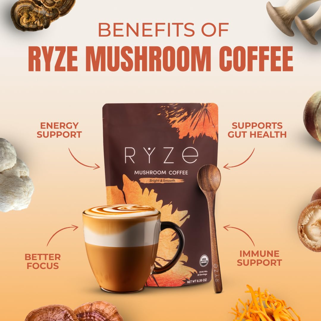 RYZE Mushroom Coffee | Organic Blend with 6 Mushrooms & MCT Oil |  Superfood Coffee