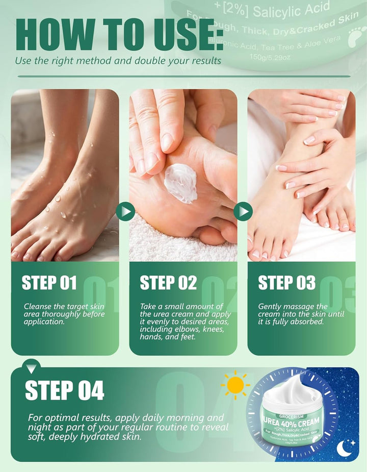 Step-by-step guide on how to use a skincare product for dry and cracked skin, with images and text instructions.