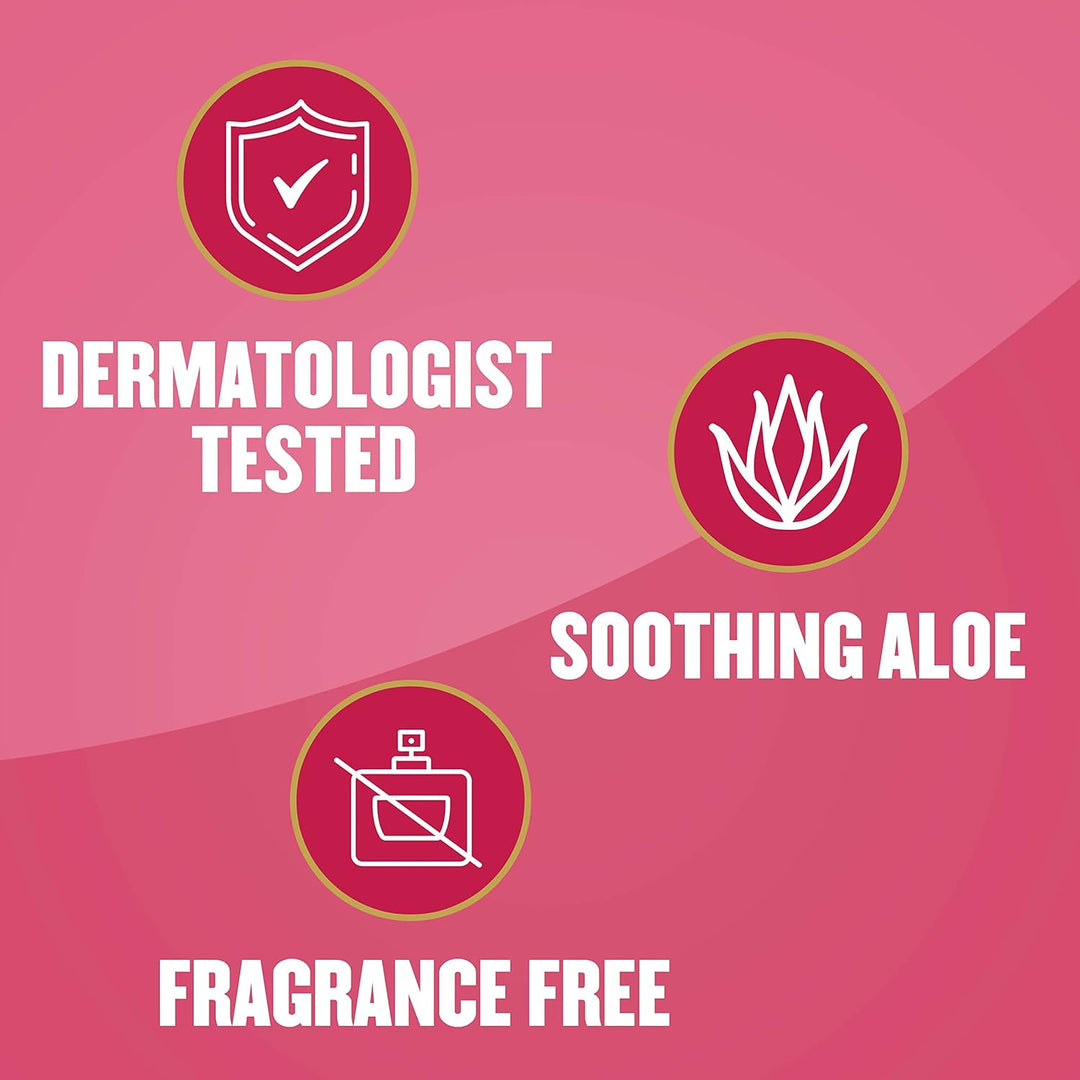 Product label with dermatologist tested, soothing aloe, and fragrance free icons on a pink background.