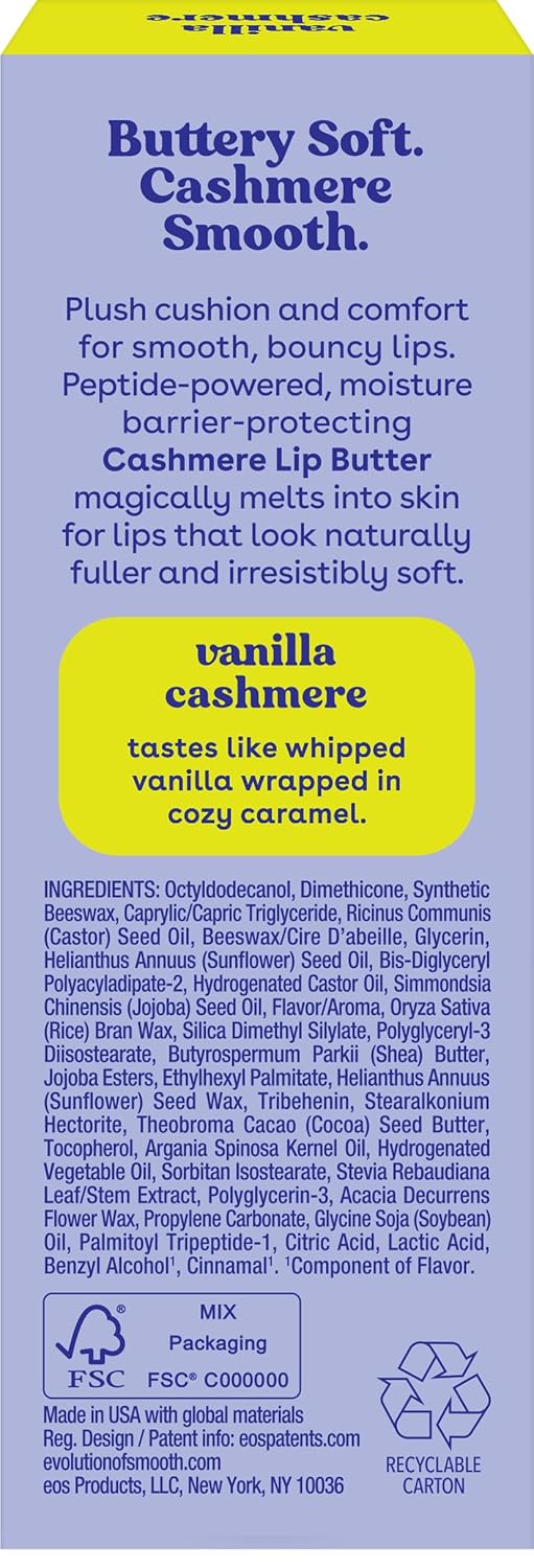 eos Cashmere Lip Butter – Vanilla Cashmere, Peptide Lip Balm with Shea, Cocoa & Argan Butters – 0.35 fl oz