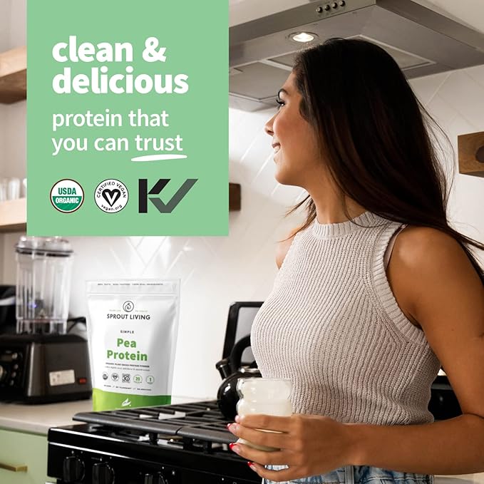 Sprout Living Organic Pea Protein Powder, Plant-Based Protein, Vegan, Non-GMO, Gluten-Free, Dairy-Free, No Artificial Sweeteners,