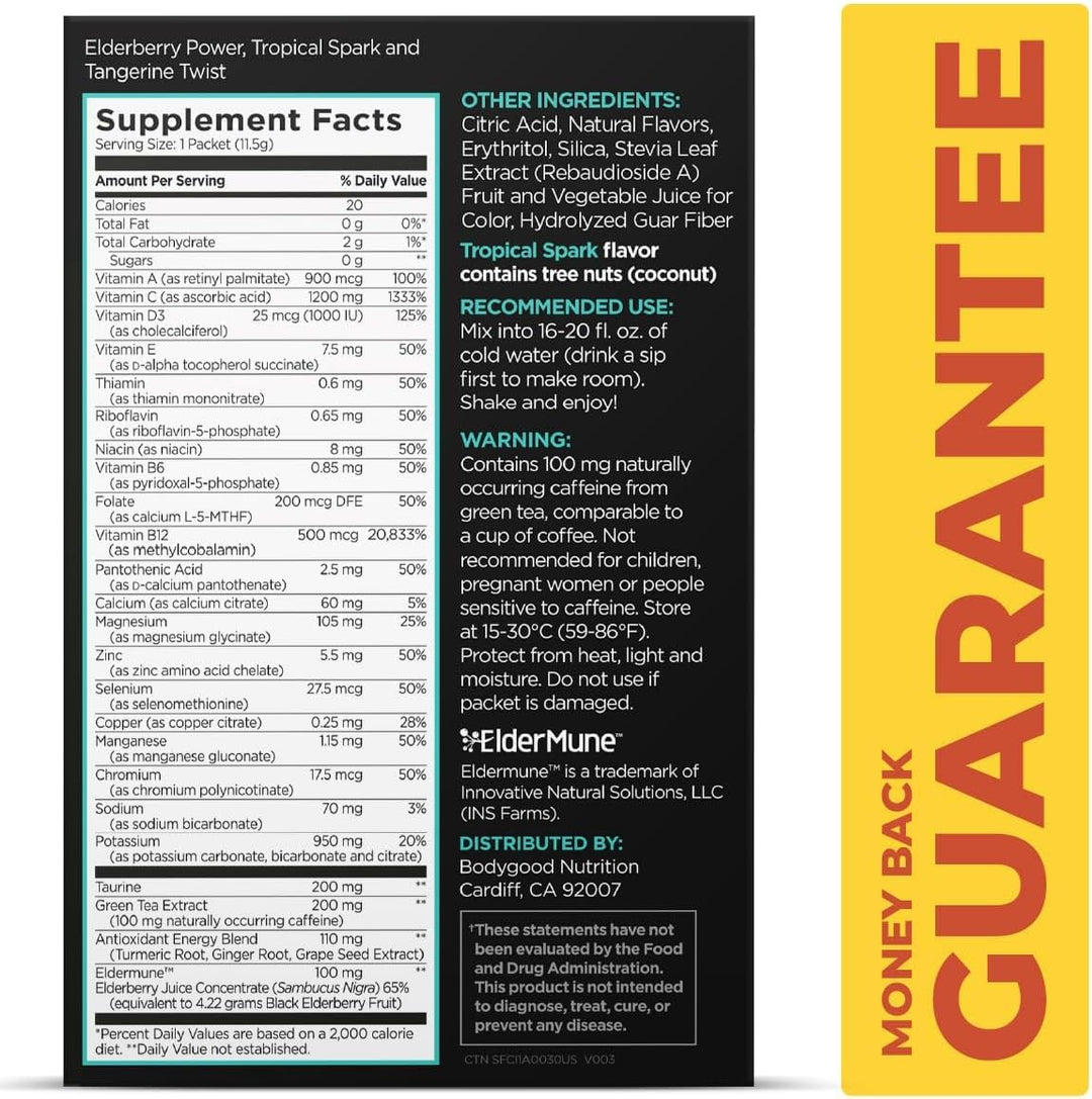 Supplement label with ingredients, nutritional information, and money-back guarantee on a black and yellow background.