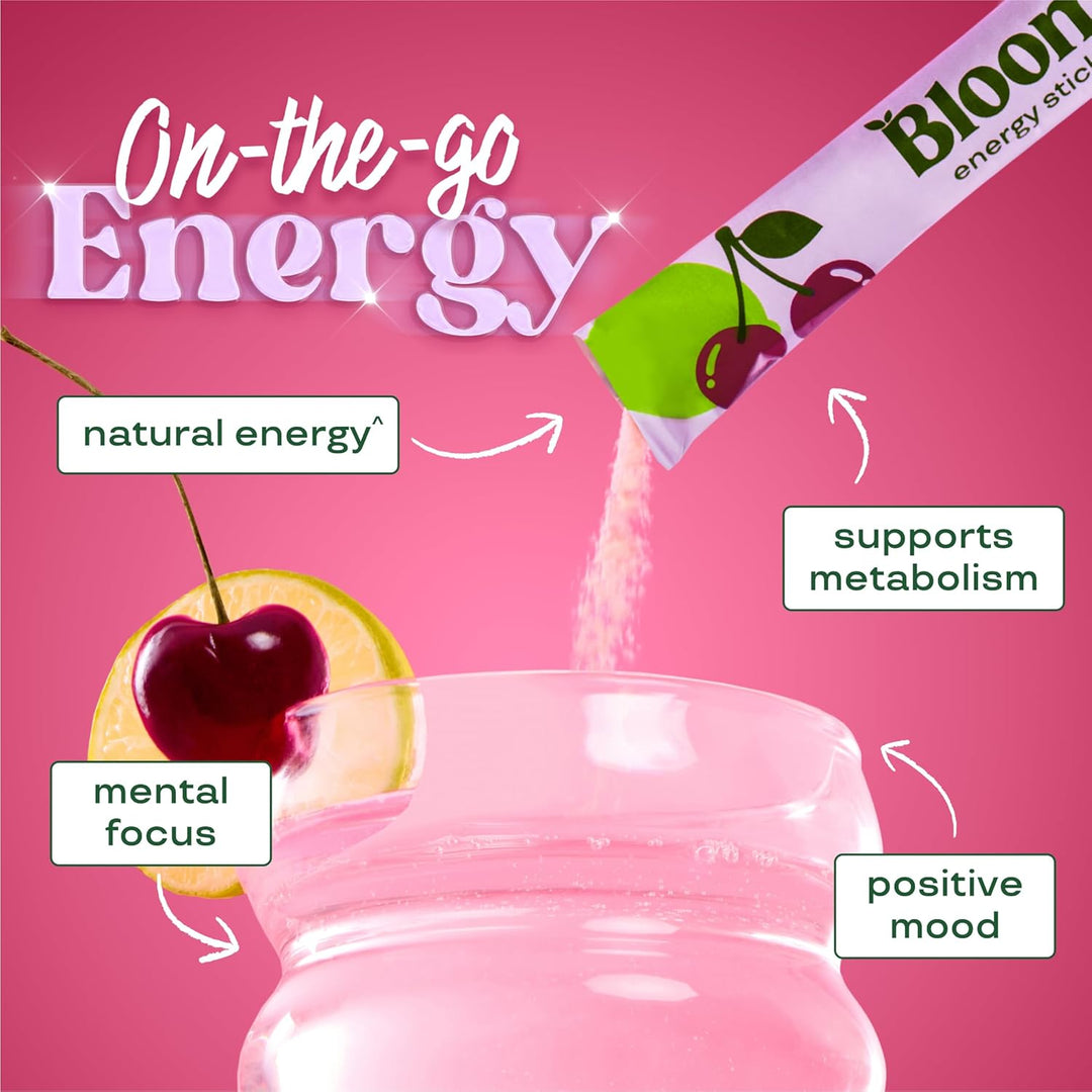 Bloom energy stick with cherry and lime on pink background