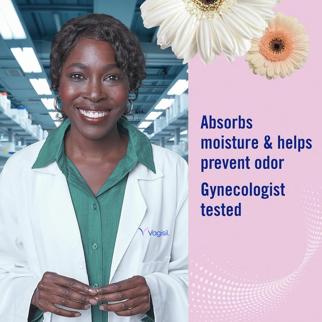 Woman in a lab coat with flowers and product description text on a pink background