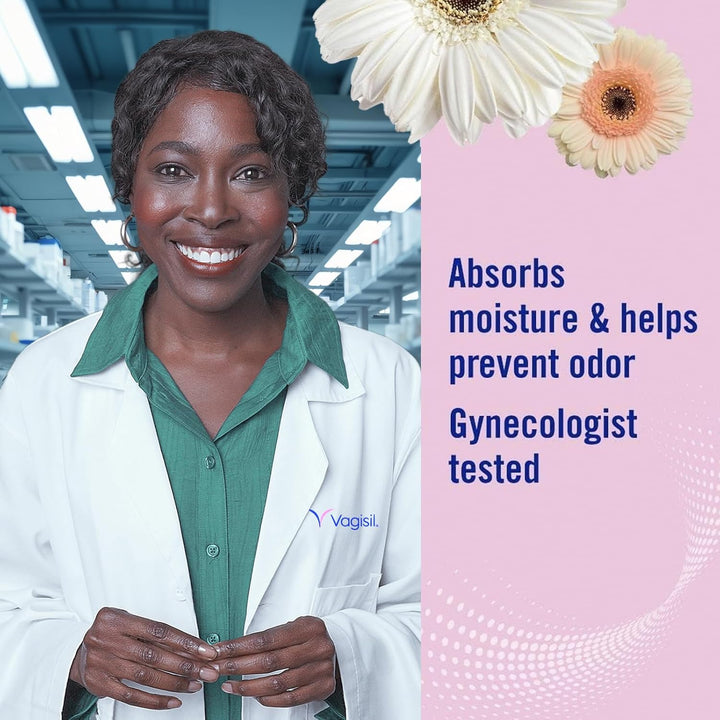 Woman in a lab coat with flowers and product description text on a pink background