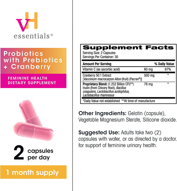 vH essentials Probiotics with Prebiotics & Cranberry Supplement (60 Capsules)
