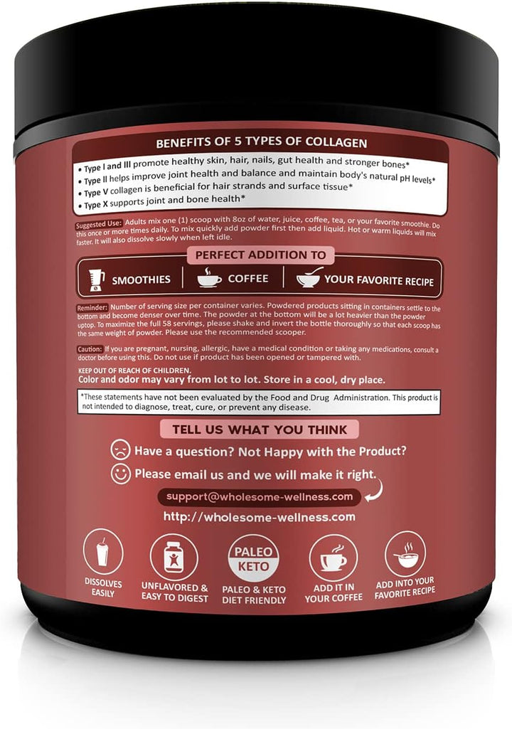Wholesome Wellness Multi Collagen Protein Powder (Types I, II, III, V & X), 58 Servings