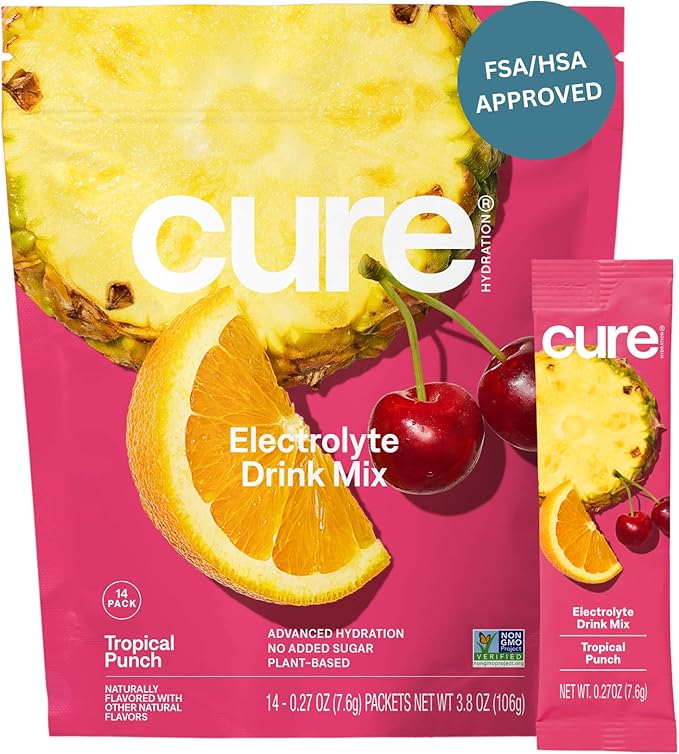 Cure Hydration Electrolyte Drink Mix – Plant-Based, No Added Sugar – Coconut Water Powder – 14 Packets