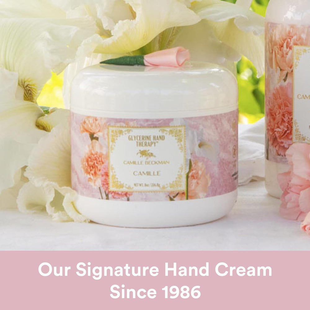 Jar of hand cream with floral design and text 'Our Signature Hand Cream Since 1986' on a white background.