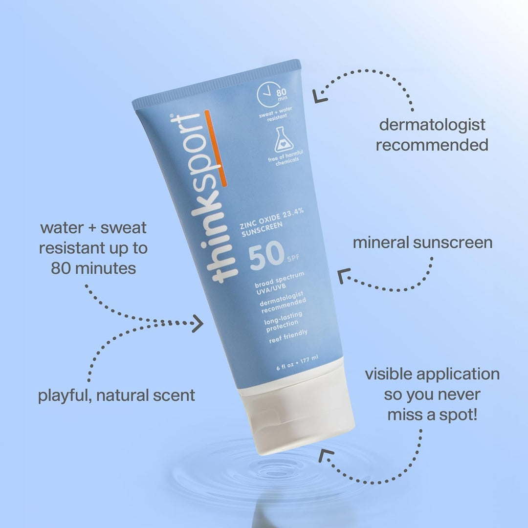 Thinksport SPF 50+ Mineral Sunscreen, 177ml – Non-Nano Zinc Oxide, Water-Resistant Sports Sunscreen