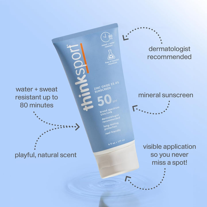 Thinksport SPF 50+ Mineral Sunscreen, 177ml – Non-Nano Zinc Oxide, Water-Resistant Sports Sunscreen
