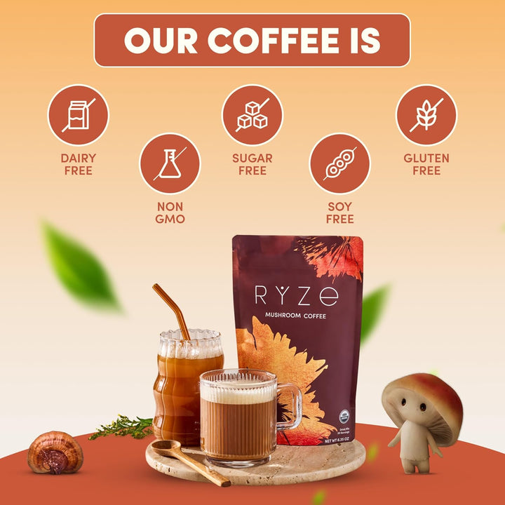 RYZE Mushroom Coffee | Organic Blend with 6 Mushrooms & MCT Oil |  Superfood Coffee