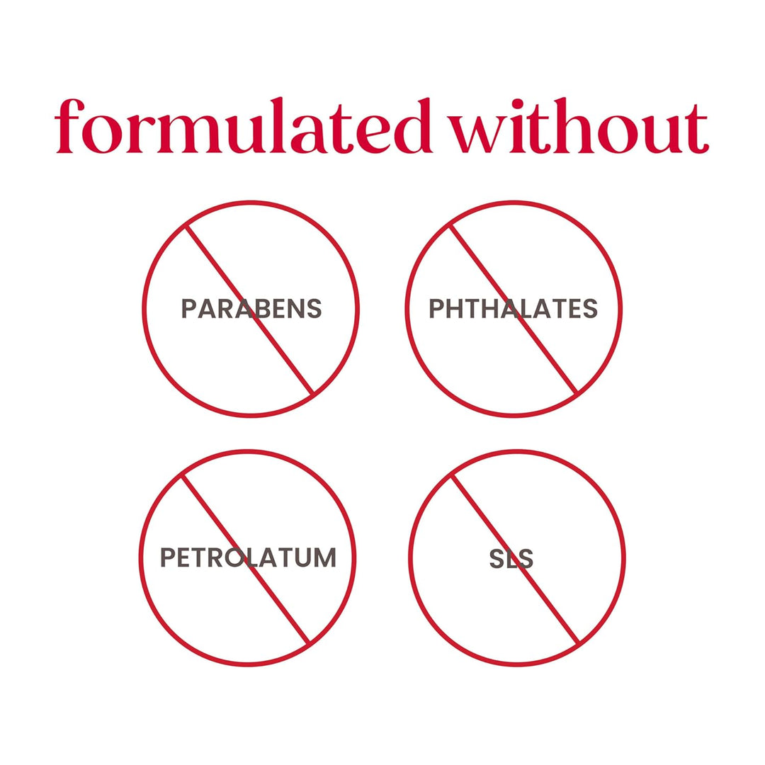 Red circles with crossed-out lines labeled 'Parabens', 'Phthalates', 'Petrolatum', and 'SLS' on a white background.
